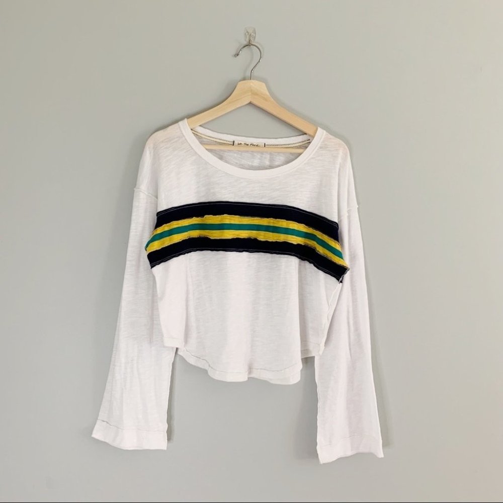 Free People White Long Sleeve Tee with Black, Yellow, and Green Stripes